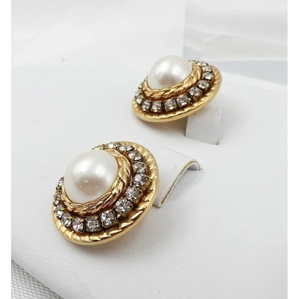 Vintage Rhinestone Halo Button Earrings Gold Tone Faux Pearl Dome Stud 80s Glam